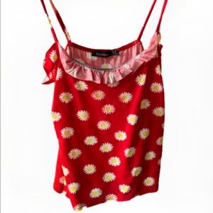 BooHoo Red Ditsy Print Ruffle Detail Strappy Cami